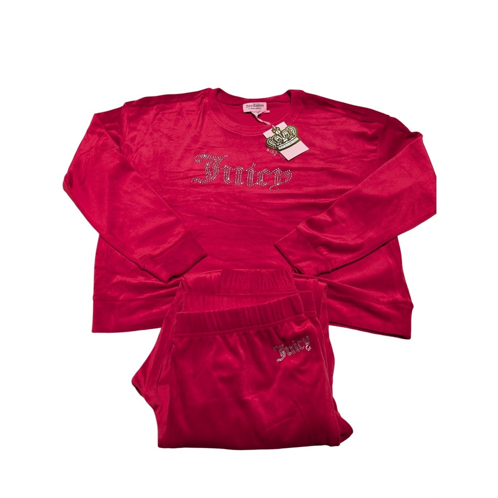 Juicy Couture Velour Tracksuit Set Red Rhinestone Crewneck Sweatshirt Pants L